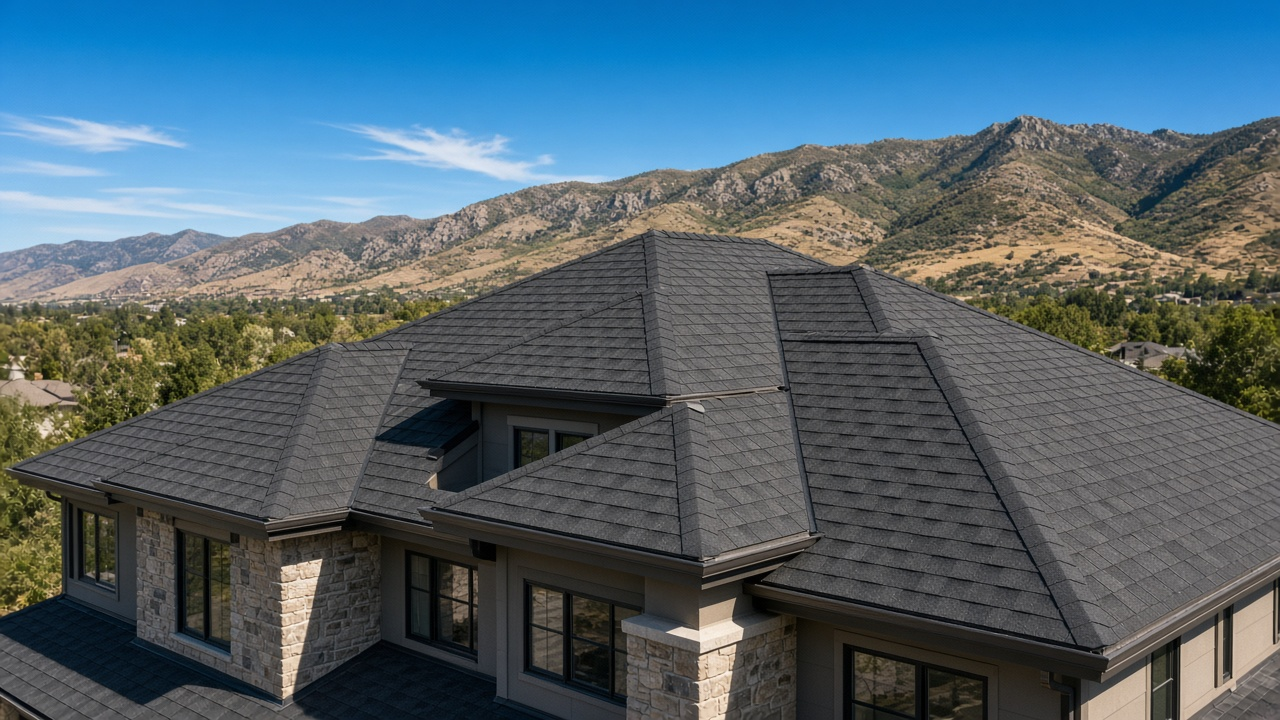 New asphalt-shingle roof with Wasatch foothills